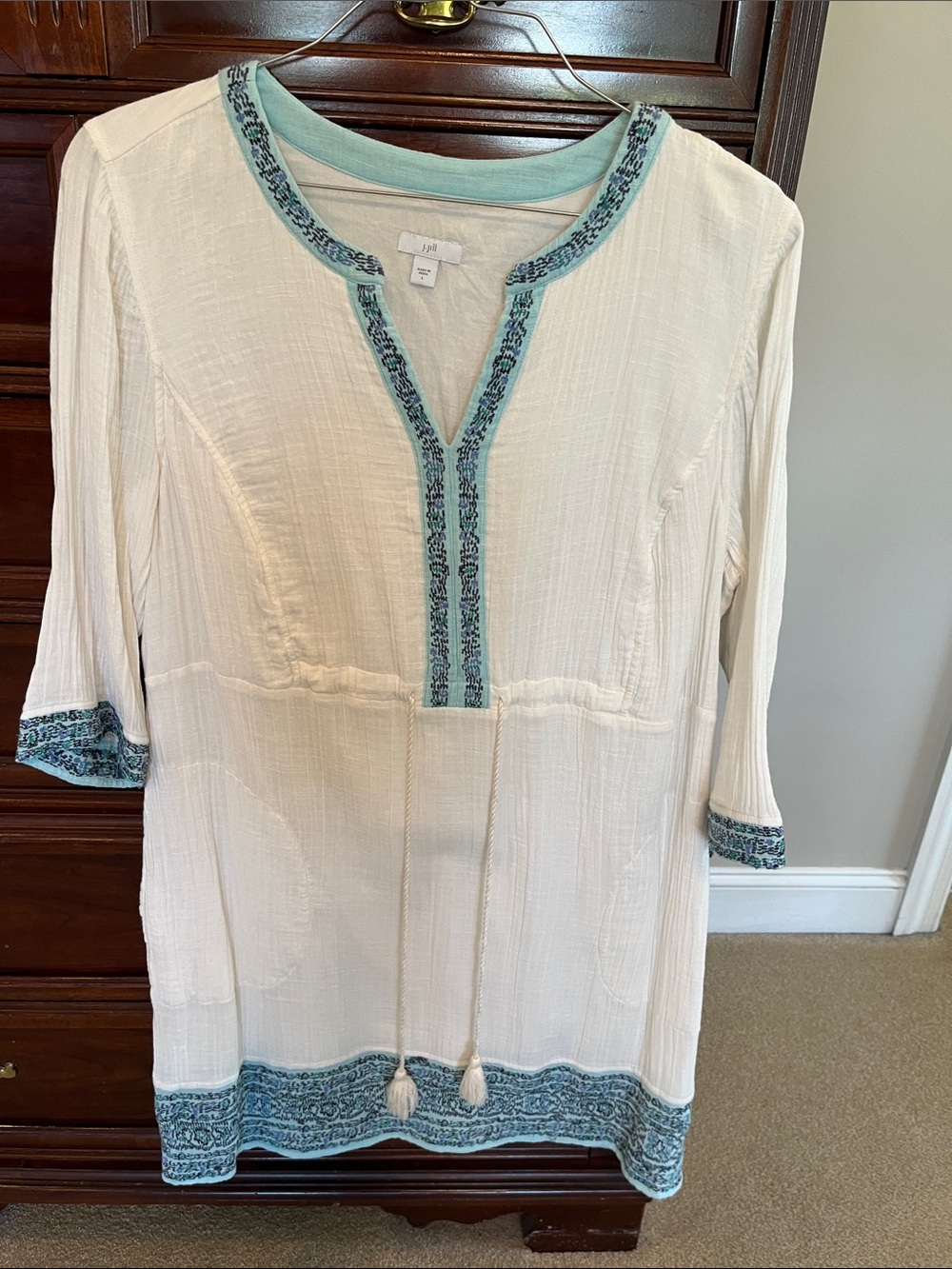 Lightweight White Dress with Aqua Embroidery